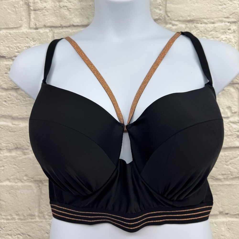 Cacique Lane Bryant Black Strappy Rose Gold Metallic Underwire Swim Top 46D EUC